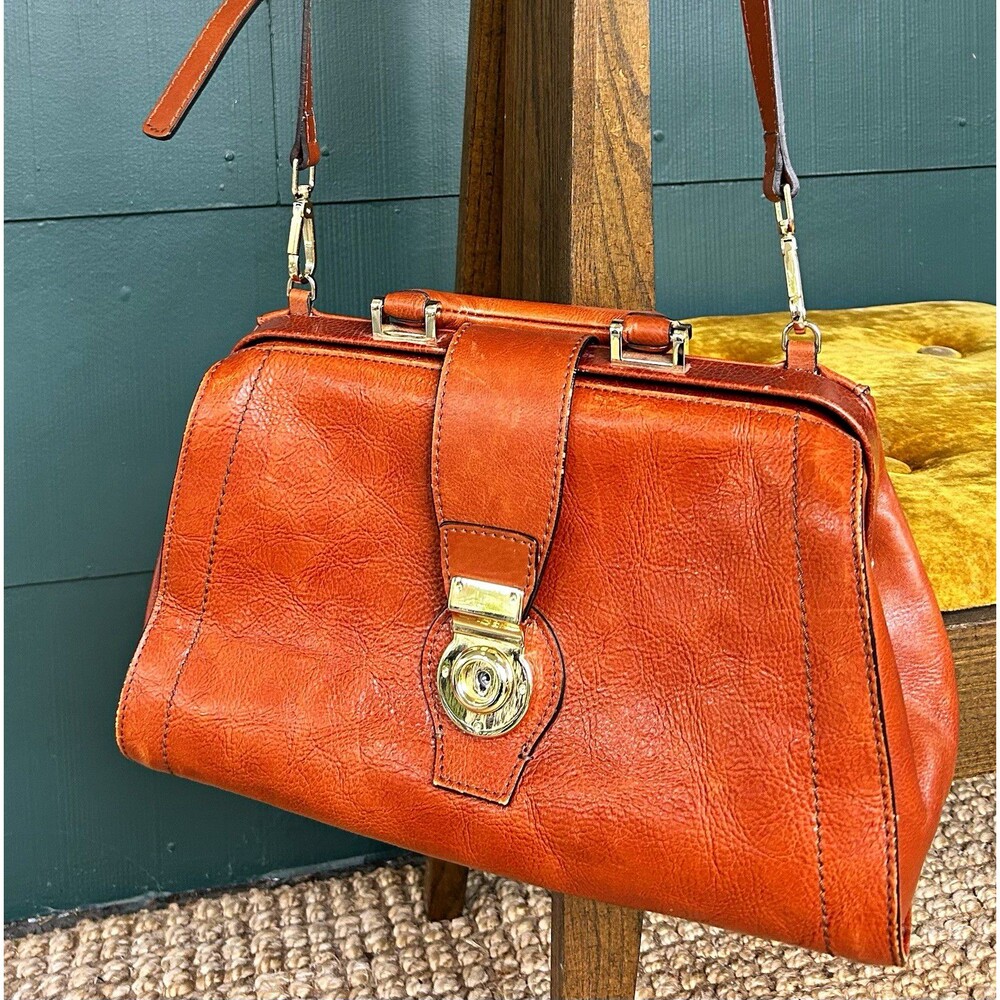Divina Firenze Cognac Brown Doctors Bag Purse Crossbody Strap Made in Italy